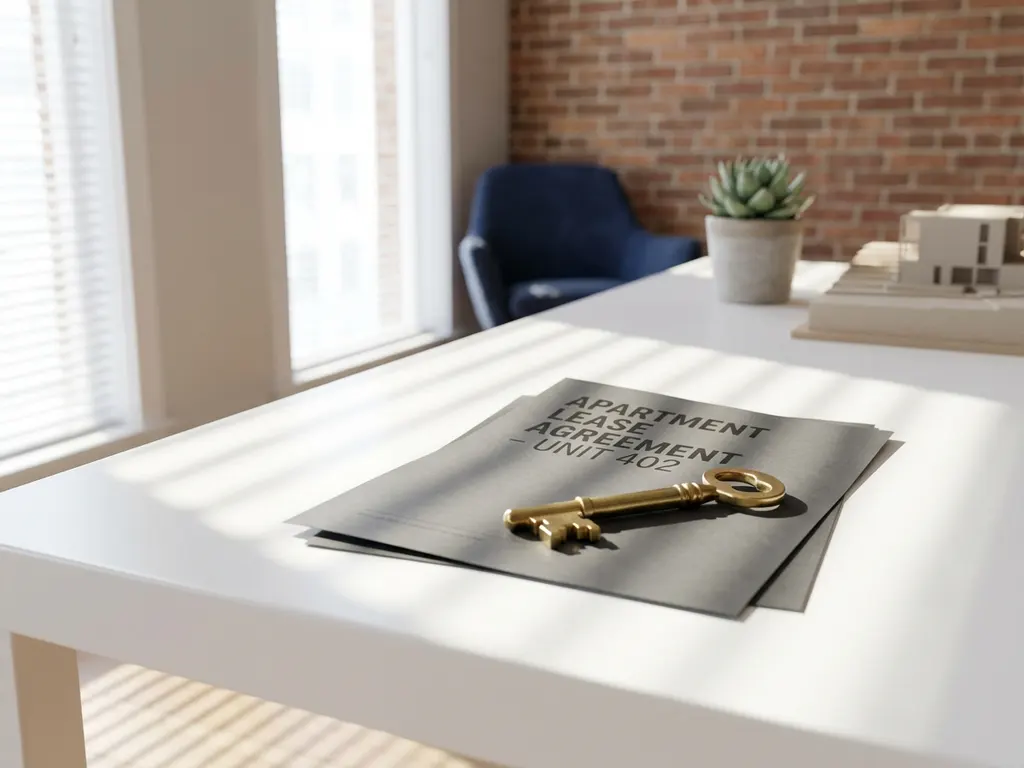 Brass key on apartment lease document at modern desk with natural window light and minimalist office setting