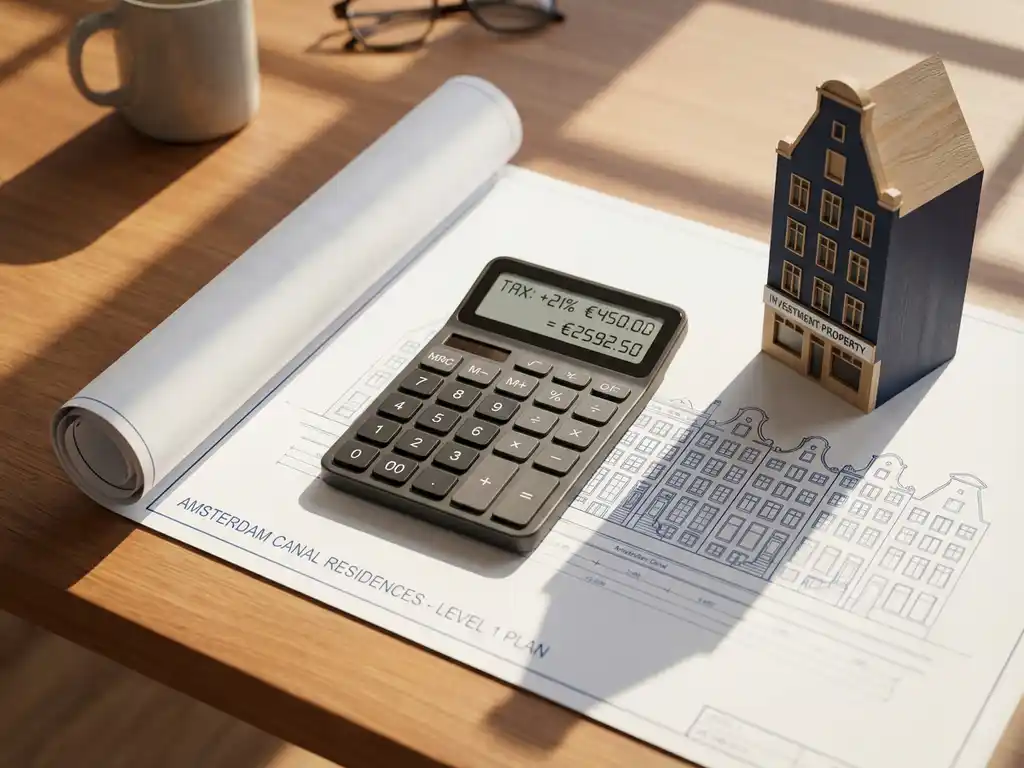 Rekenmachine met belastingberekeningen op blauwdruk van Amsterdamse grachtenpanden met miniatuur huismodel
