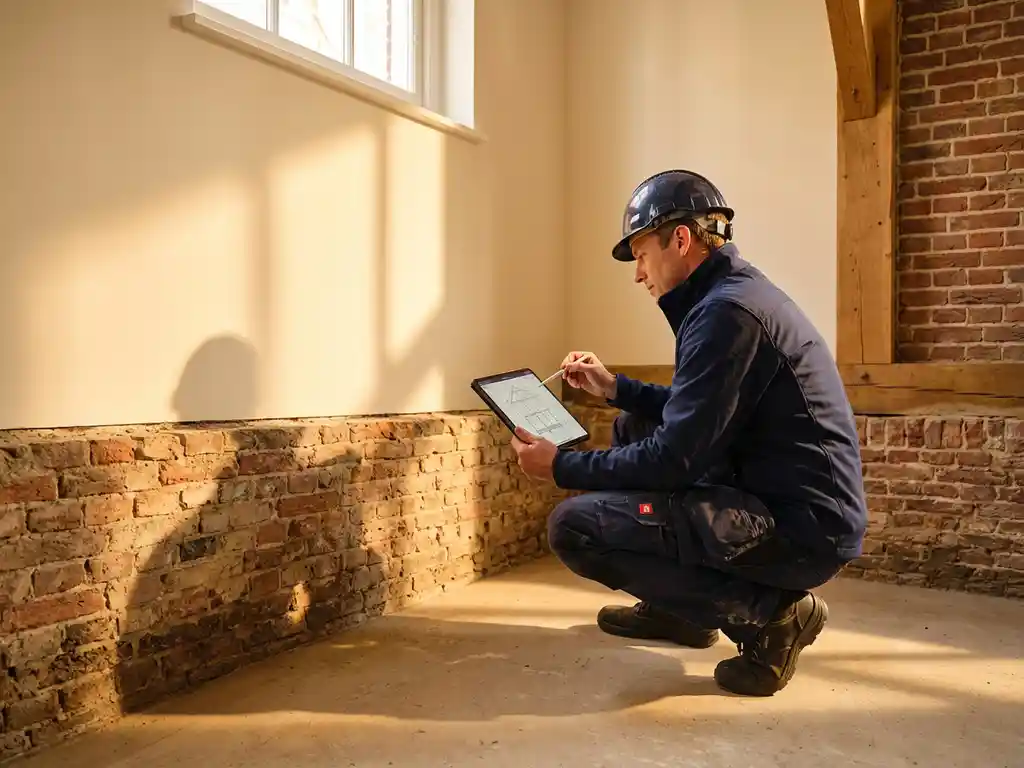 Bouwkundig inspecteur onderzoekt bakstenen fundering van Amsterdams grachtenpand met digitale tablet