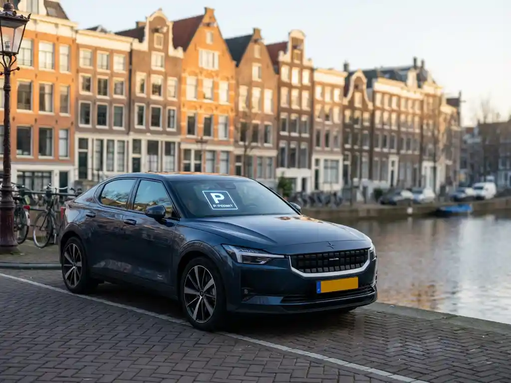Moderne elektrische auto met digitale parkeervergunning geparkeerd langs Amsterdamse gracht bij historische grachtenpanden
