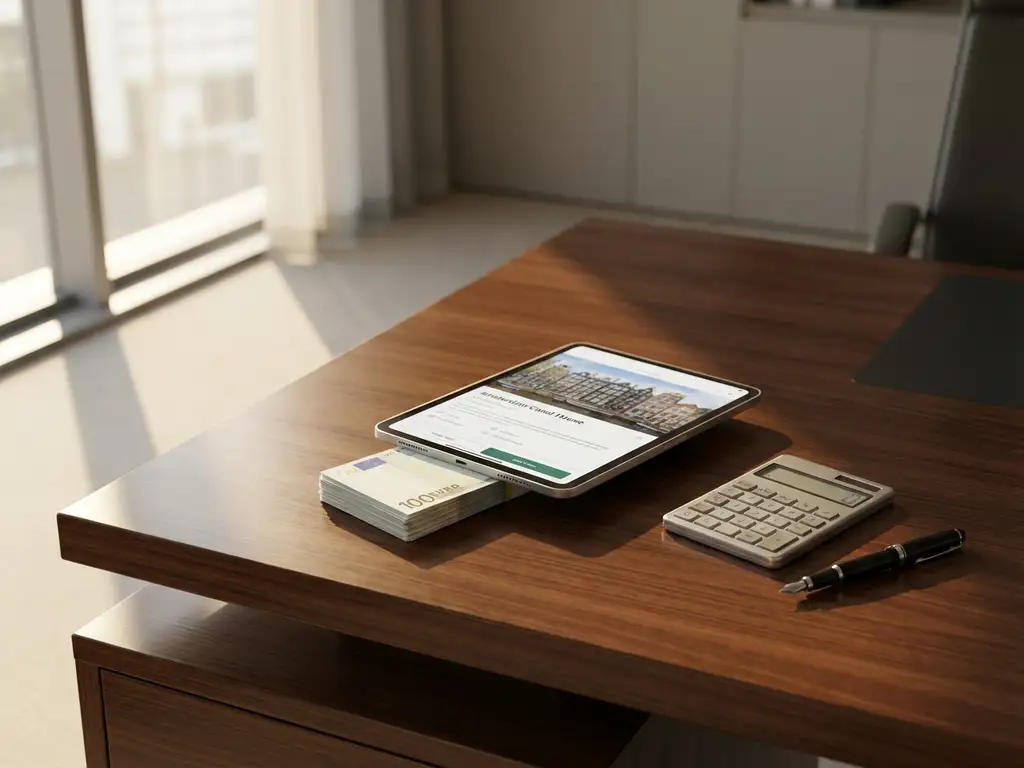 Stapel eurobiljetten onder tablet met Amsterdam vastgoed listing op houten bureau met calculator en pen