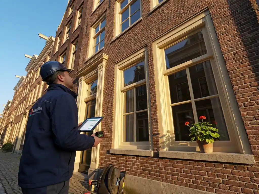 Bouwkundige inspecteur met tablet onderzoekt bakstenen gevel van Amsterdams grachtenpand bij daglicht