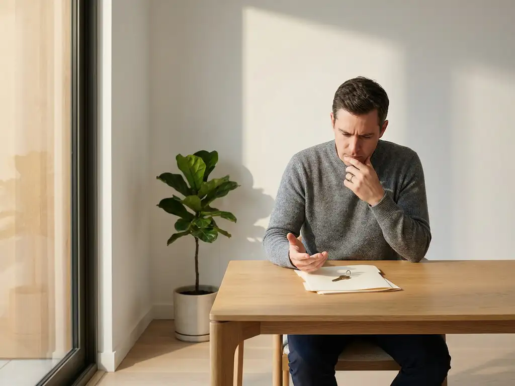 Homebuyer contemplating house key on property documents at wooden desk in bright modern room