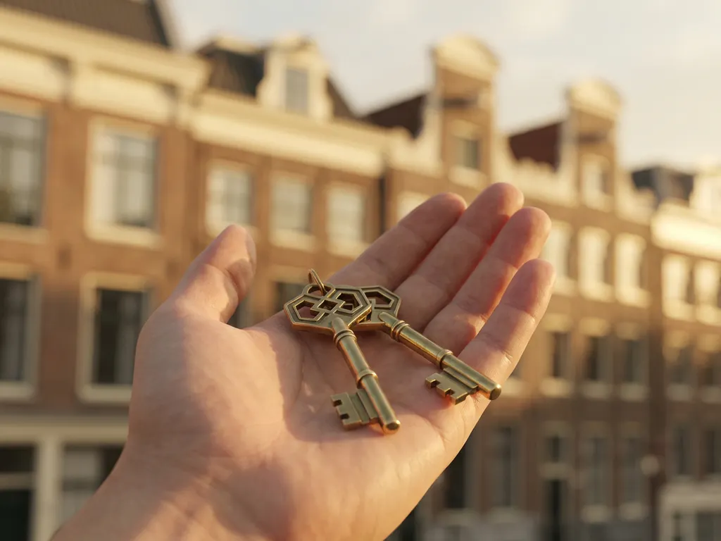Messing huissleutels in open handpalm met Amsterdamse grachtenpanden op de achtergrond, warme natuurlijke belichting