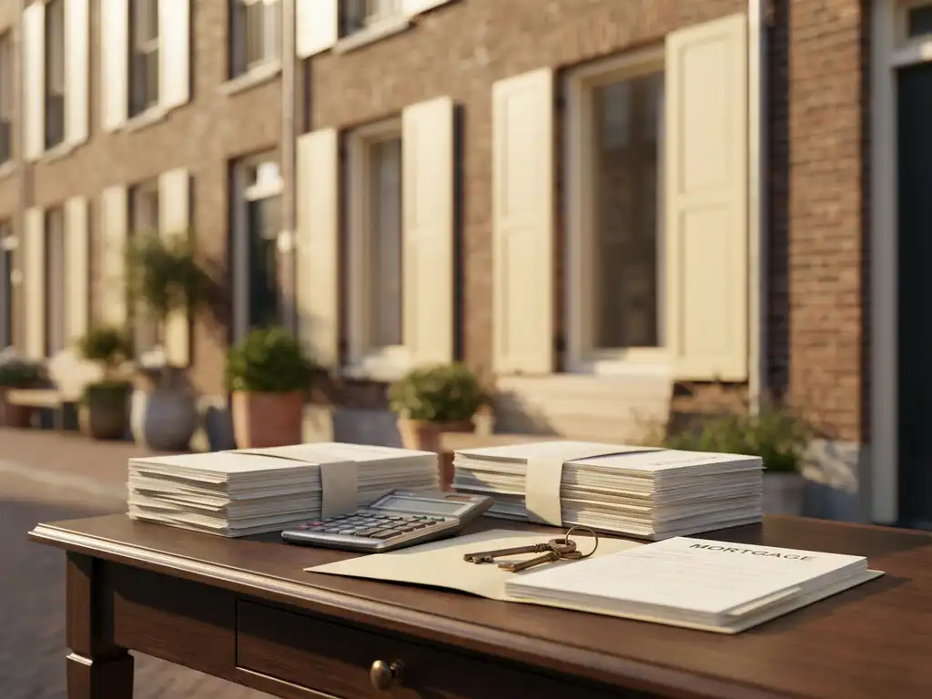 Bureau met hypotheekdocumenten, rekenmachine en huissleutels voor modern Amsterdams grachtenpand
