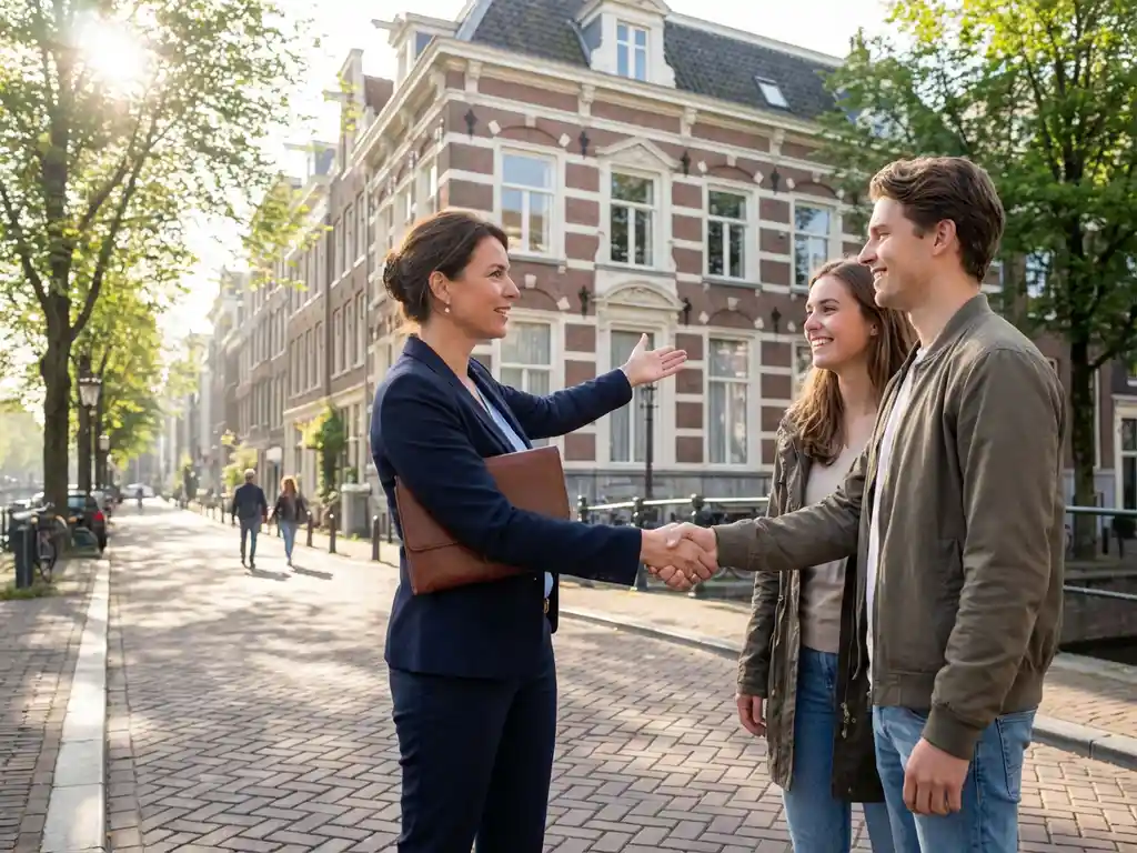 Makelaar schudt handen met jong stel voor Amsterdam grachtenpand, houdt portfolio vast en wijst naar klassieke bakstenen gevel