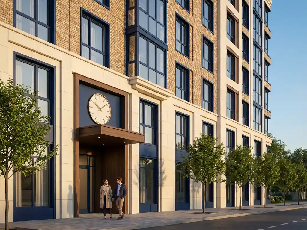 Modern apartment building with geometric facade, large windows, prominent analog clock at entrance, and couple walking below