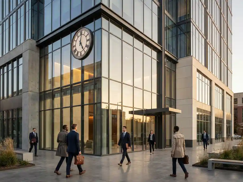 Modern glass office building with large clock showing 5:00 PM as business professionals in suits walk toward entrance