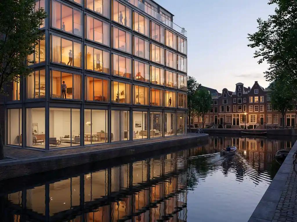 Modern glazen appartementengebouw aan Amsterdamse gracht met zichtbare studio's en gezinswoningen, avondlicht door ramen