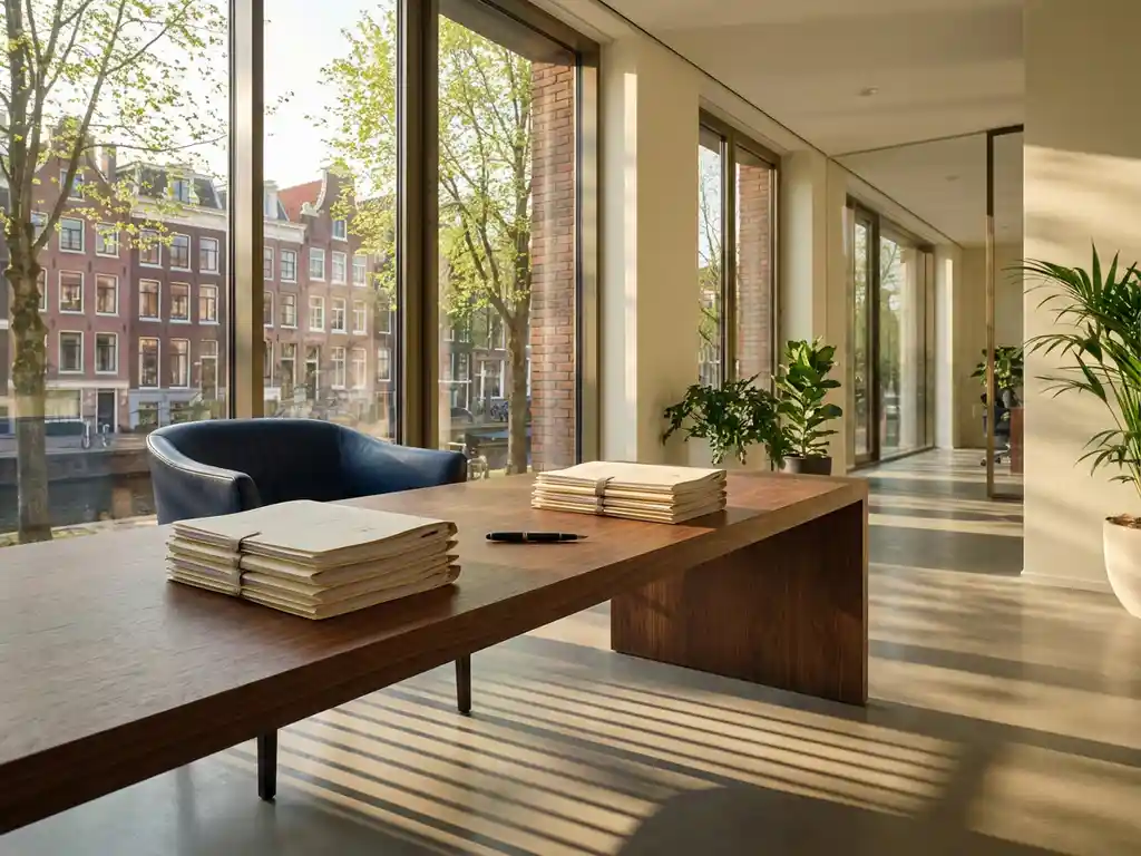 Moderne notariskantoor in Amsterdam met glazen wanden, houten bureau met documenten en fonteinpen, kanaluitzicht