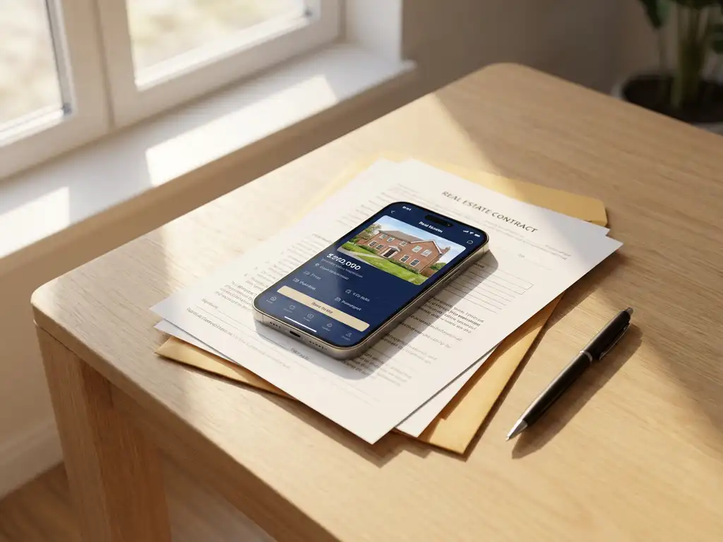 Smartphone displaying house listing on wooden desk with real estate contract papers and pen in natural light