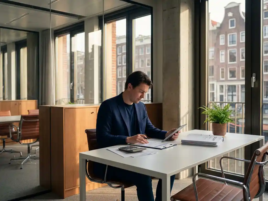 Professionele in marineblauw jasje bekijkt financiële documenten aan wit bureau in modern kantoor met Amsterdamse grachten op achtergrond