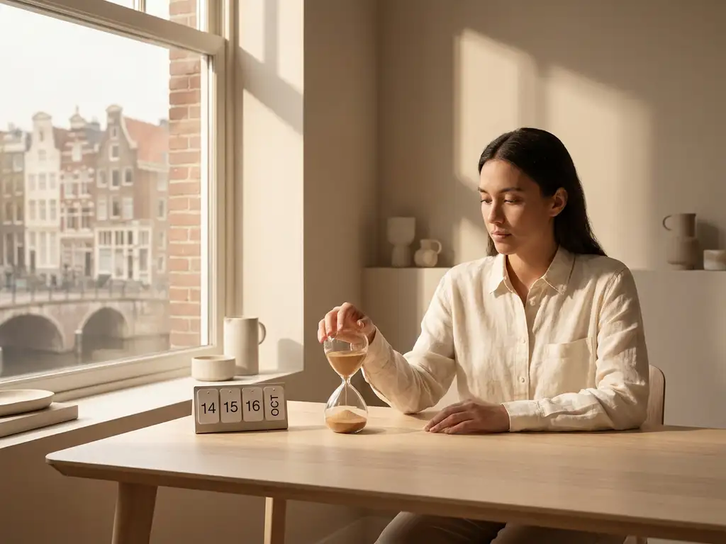 Persoon zit nadenkend aan houten bureau met zandloper en kalender, Amsterdam grachtenhuizen op achtergrond