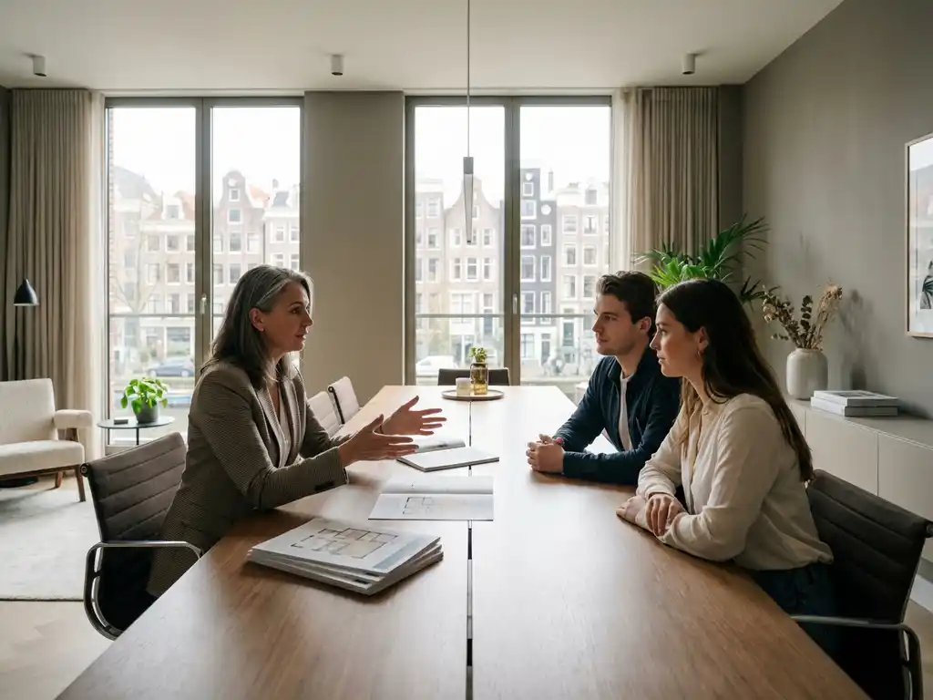 Vastgoedadviseur bespreekt plattegronden en brochures met jong stel aan houten tafel in modern kantoor met Amsterdamse grachten op achtergrond