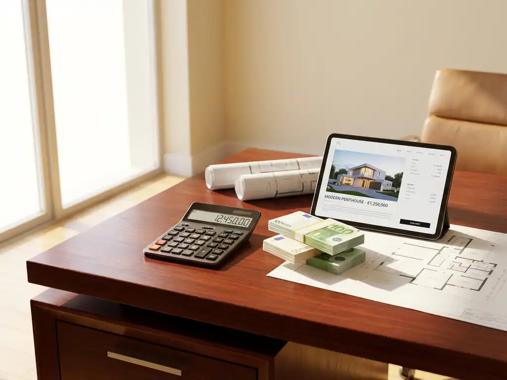 Calculator and euro banknotes on mahogany desk with architectural plans and tablet showing property listings