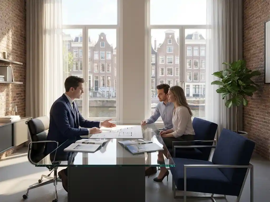 Vastgoedmakelaar in gesprek met klanten aan glazen bureau in modern kantoor met uitzicht op Amsterdamse gracht