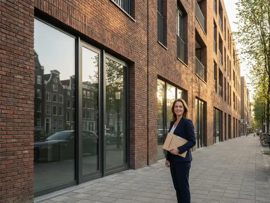 Professionele vrouw met verzekeringsdocumenten voor modern Amsterdam appartementengebouw met bakstenen gevel