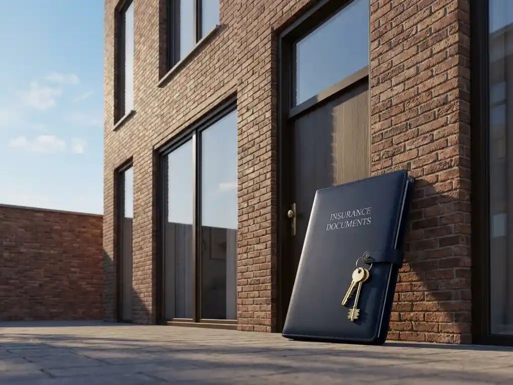 Moderne Amsterdamse grachtenpand met verzekeringsdossier en huissleutels bij de voordeur in daglicht