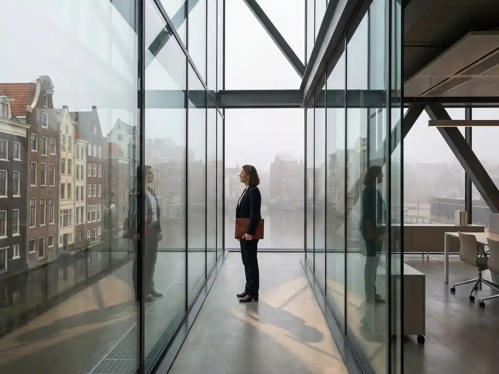 Professionele vrouw in modern glazen kantoorgebouw kijkt naar Amsterdamse grachtenpanden, houdt leren portfolio vast