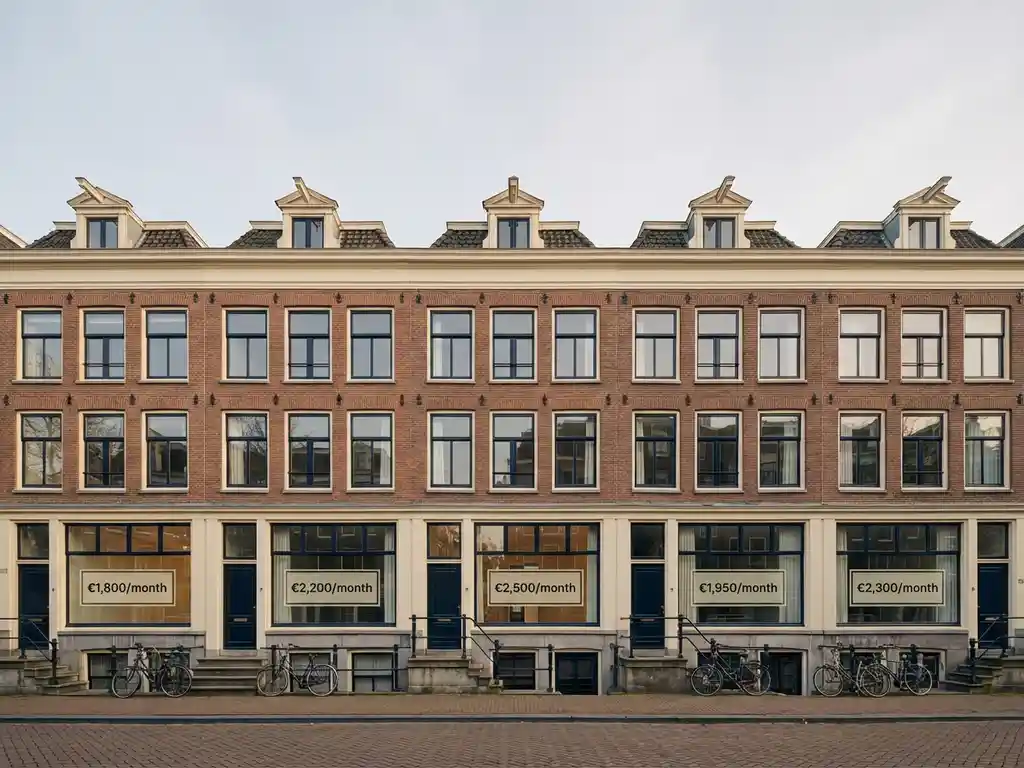 Rij identieke Amsterdamse grachtenpanden met bakstenen gevels en verschillende huurprijslabels in minimalistische lijsten