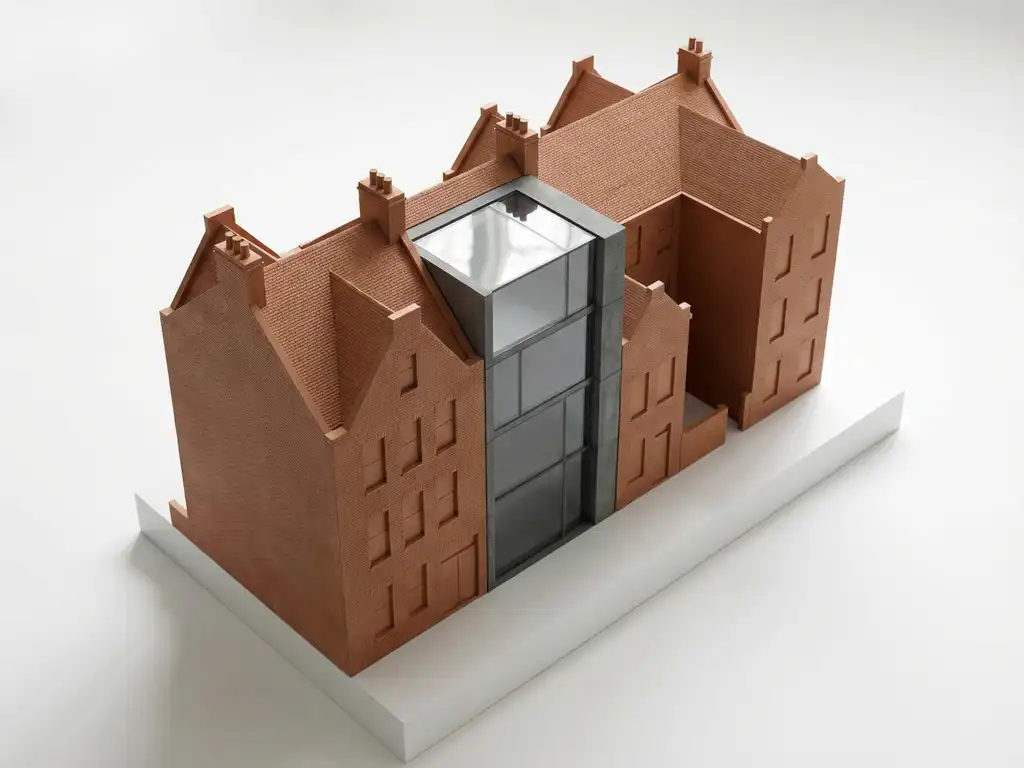 Architectuurmodel van Amsterdam West rijtjeshuizen met moderne glazen uitbouw, bakstenen gevel op witte ondergrond