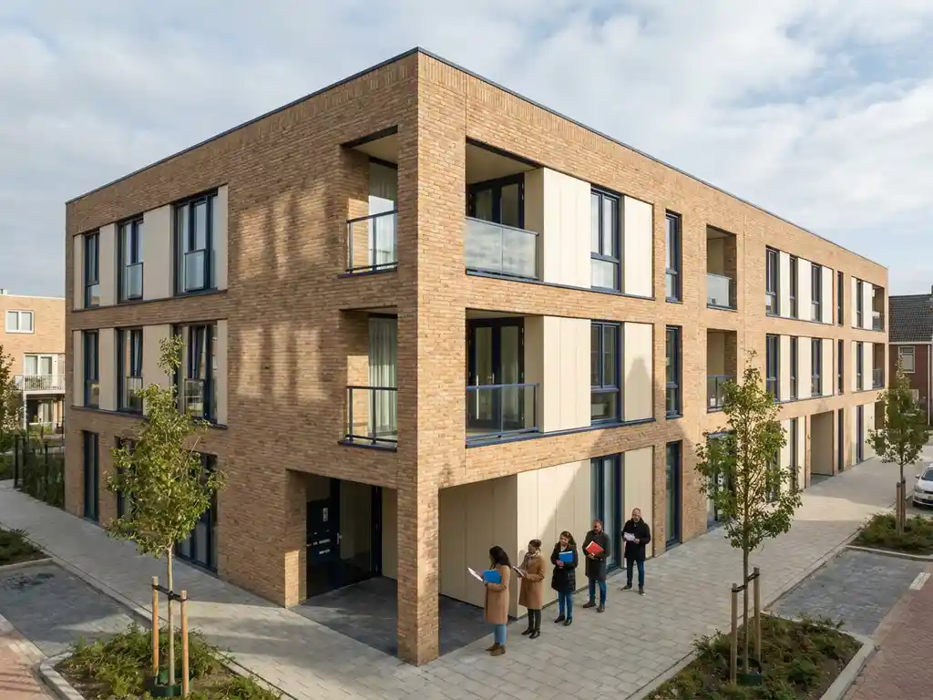 Moderne Nederlandse appartementencomplex met bakstenen gevel en wachtende bewoners met documenten bij de ingang