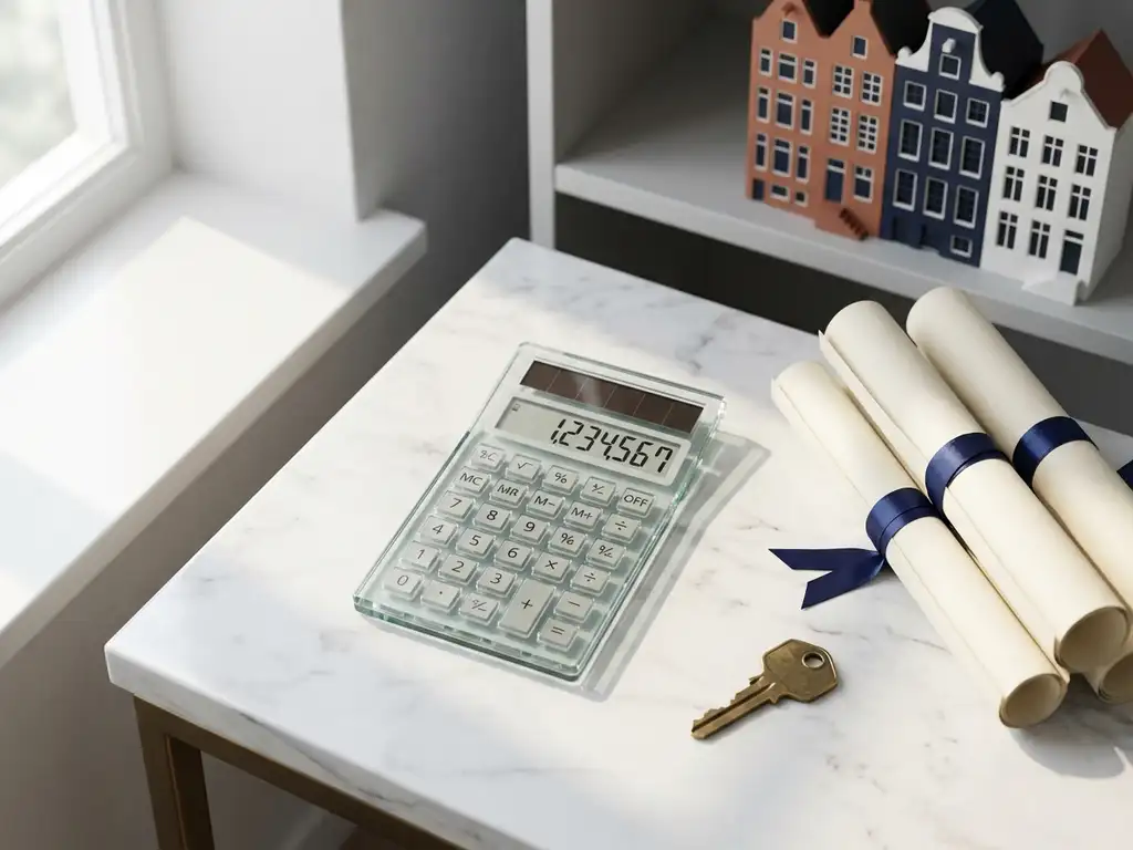 Glazen calculator met cijfers op wit marmeren bureau naast opgerolde eigendomsdocumenten met marineblauw lint en messing huissleutel