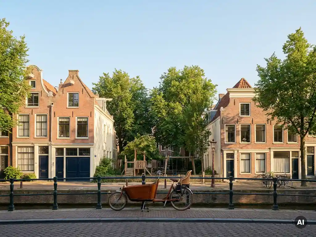 Zonnige Amsterdamse gracht met bakstenen grachtenpanden, houten fiets met kinderzitje en speelplaats tussen gevels.