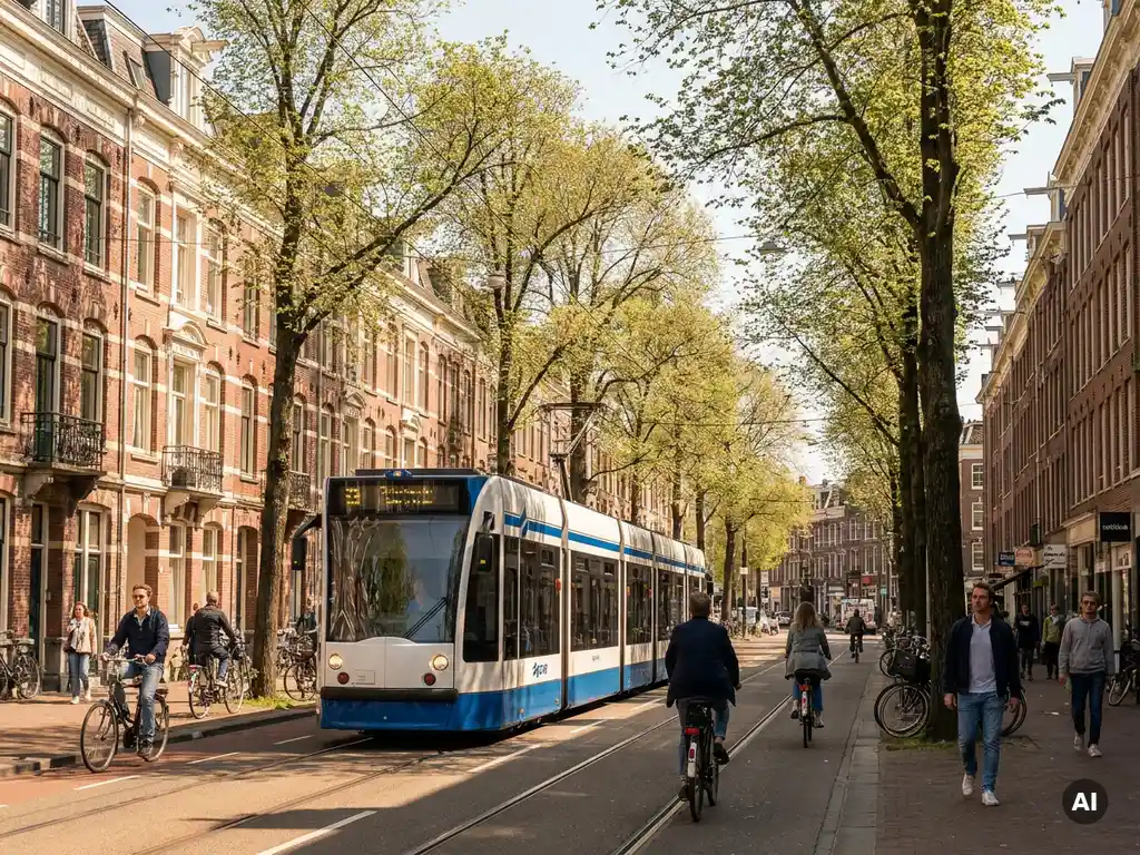 Amsterdamse tram rijdt door een boomrijke straat in De Pijp, omgeven door rode bakstenen grachtenpanden, fietsers en voetgangers.