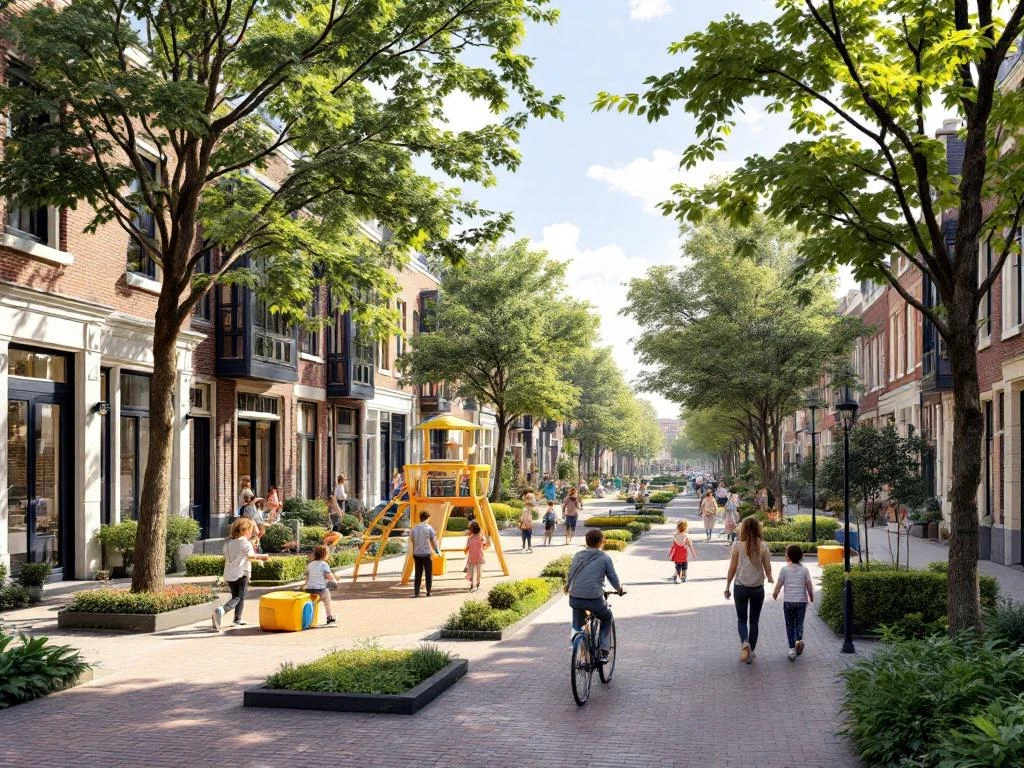 Architecturale weergave van een kleurrijke Amsterdamse buurt met grachtenpanden, speeltuin en fietsende gezinnen
