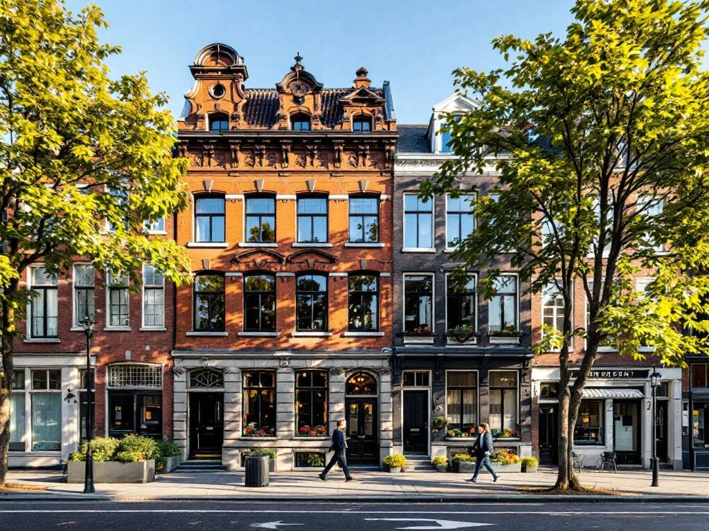 Historisch 19e-eeuws bakstenen gebouw in Amsterdam De Pijp met decoratieve gevelbouw en voetgangers op straat
