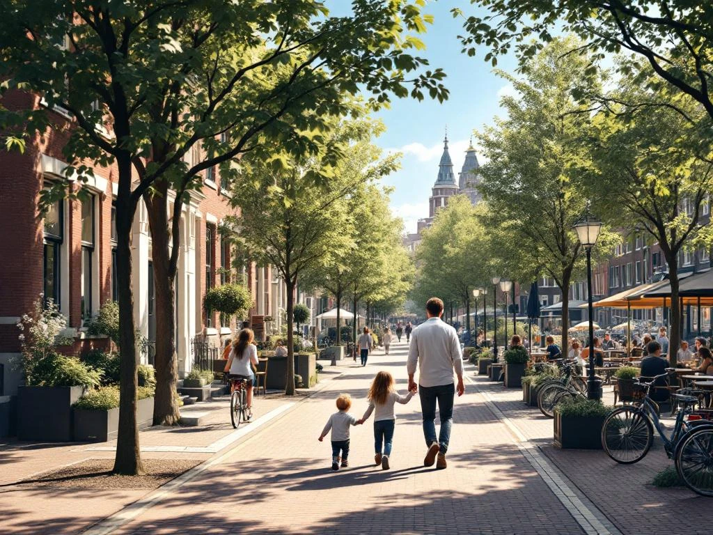 Familie wandelt hand in hand door De Pijp, Amsterdam, langs rode bakstenen gebouwen en groene bomen met cafés