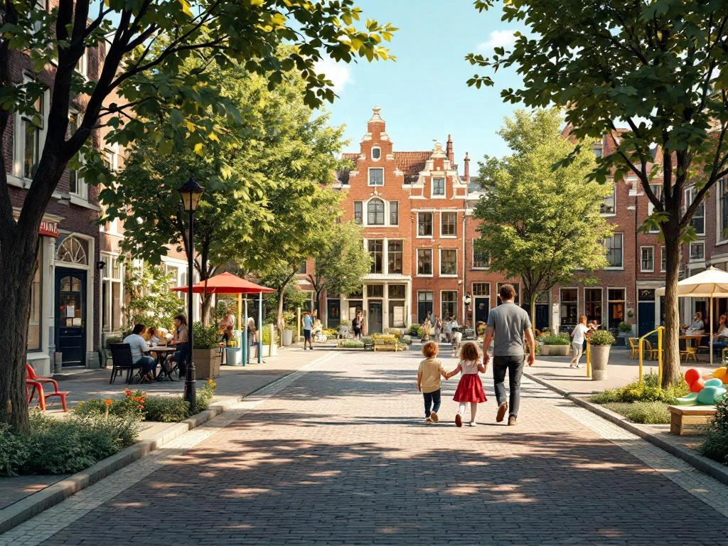 Gezin wandelt door De Pijp buurt in Amsterdam met traditionele bakstenen huizen, speeltuin en terrasjes