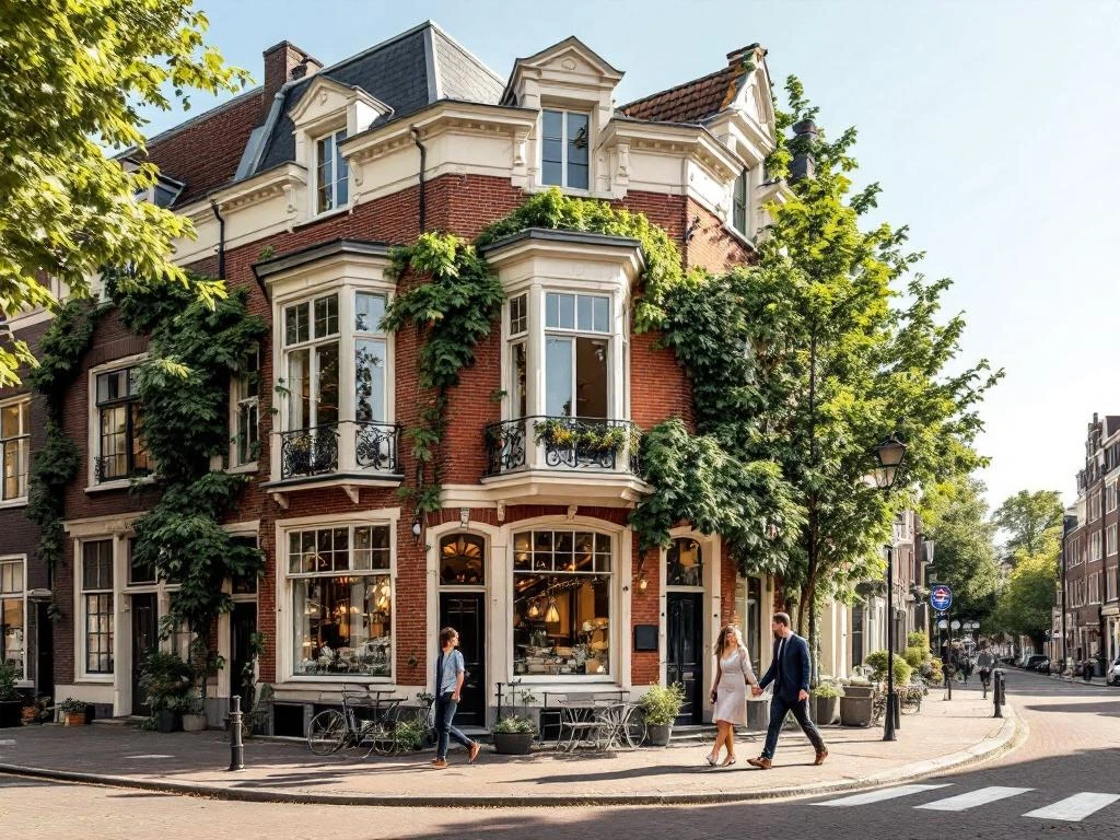 Historisch bakstenen gebouw in De Pijp Amsterdam met sierlijke erkerramen en wandelend stel op straat