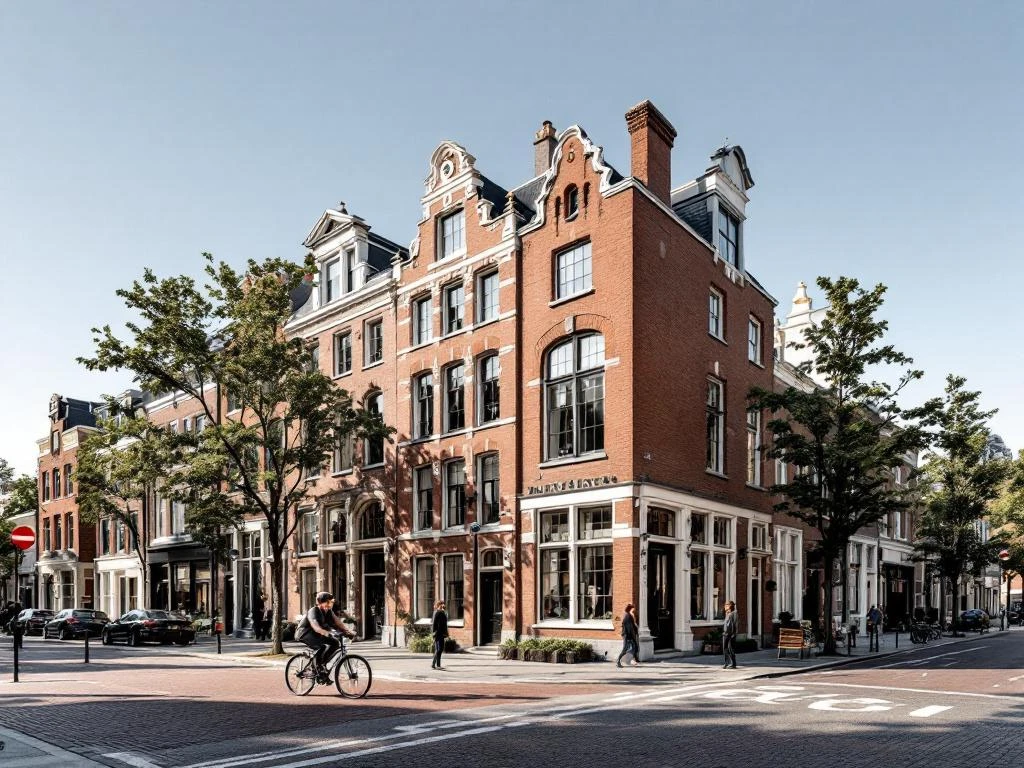 Historische bakstenen gebouwen in De Pijp Amsterdam met fietser op kinderkopjes en platanen langs straat