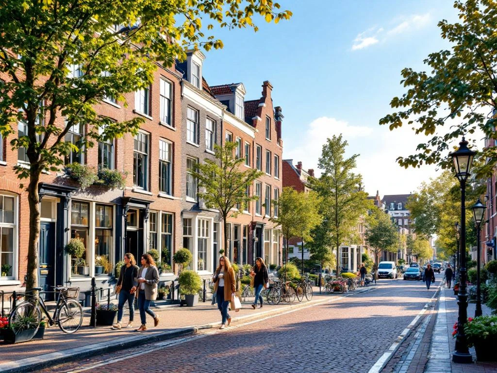 Amsterdamse straat in De Pijp met bakstenen grachtenpanden, fietsers, voetgangers en bomen langs de stoep