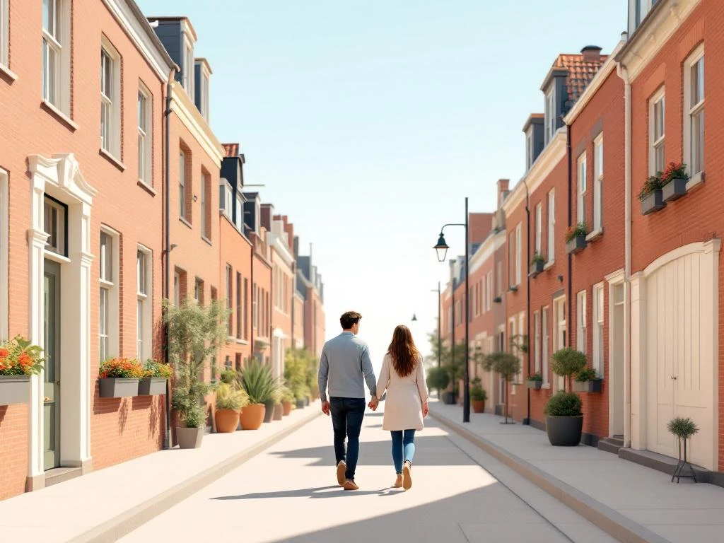 Jong koppel wandelt hand in hand door De Pijp straat met karakteristieke Amsterdam bakstenen gebouwen en balkons