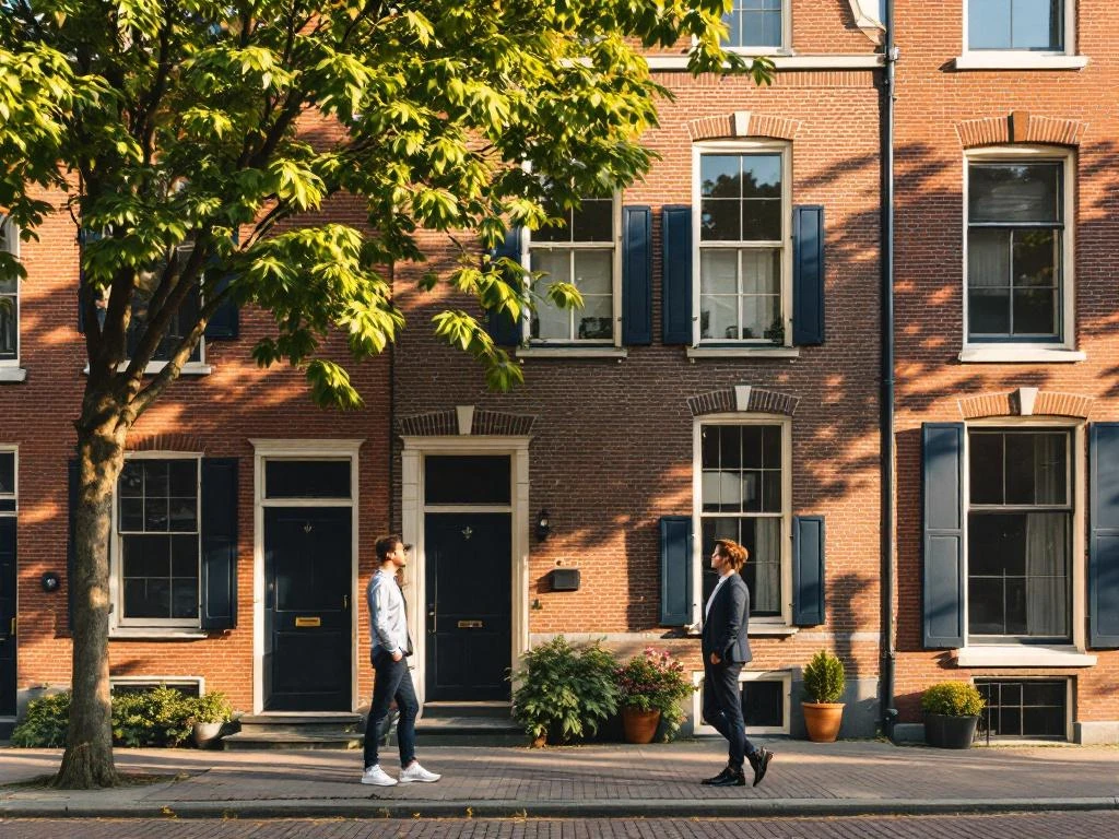 Jong stel bekijkt traditioneel Amsterdam grachtenpand met bakstenen gevel en grote ramen in zonnig daglicht