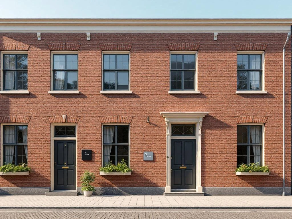 Amsterdam grachtenpand in De Pijp met 'Te Koop' bord, warme bakstenen gevel en crème raamkozijnen