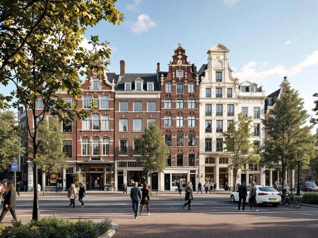 Amsterdamse straathoek waar traditionele De Pijp baksteenarchitectuur overgaat in elegante Rivierenbuurt stijl