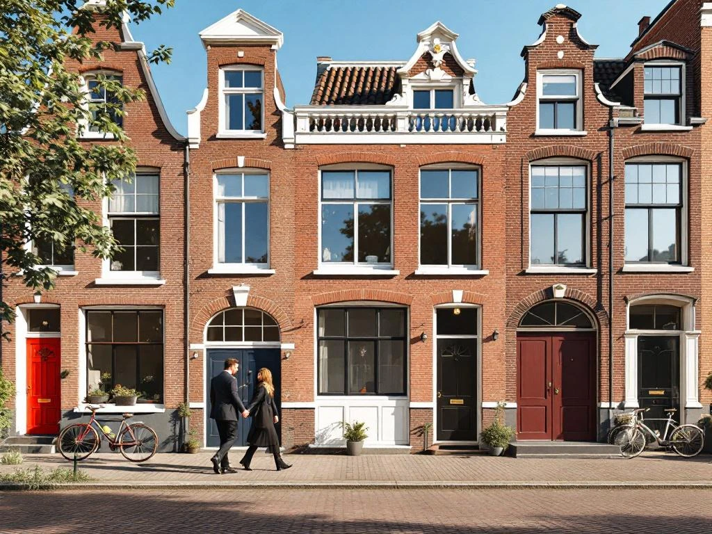 Stel wandelt hand in hand door karakteristieke straat in Amsterdam De Pijp met smalle bakstenen huizen en fietsen