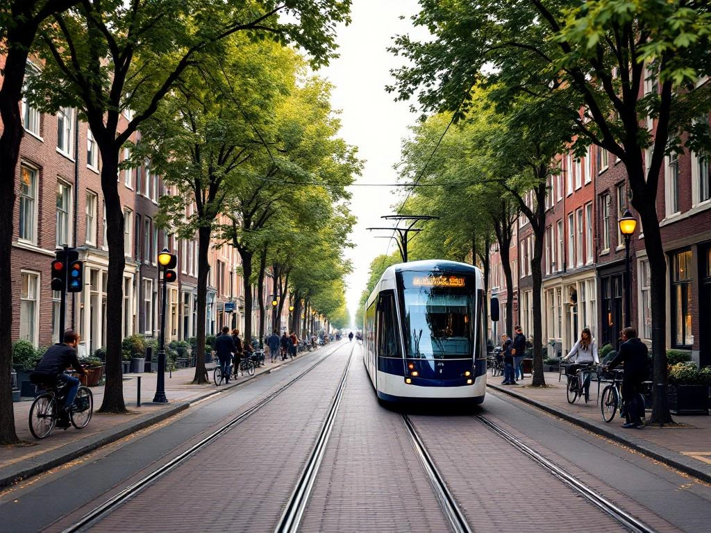 Blauwe tram rijdt door De Pijp Amsterdam tussen bakstenen gebouwen, fietsers en voetgangers op brede stoepen