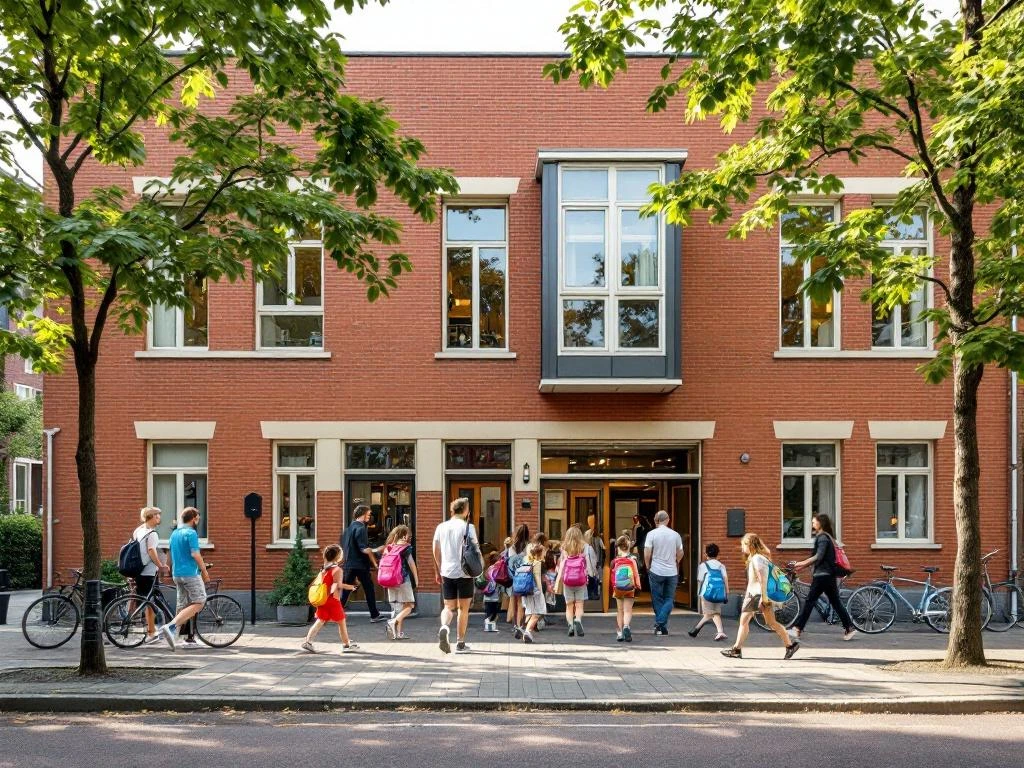 Basisschool in Amsterdam De Pijp met kinderen en ouders die naar de ingang lopen, fietsen geparkeerd langs straat