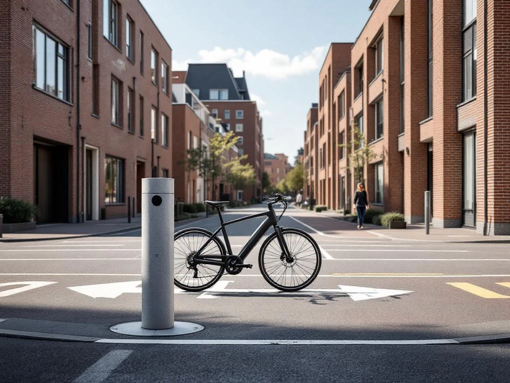 Moderne fiets geparkeerd tegen betonnen paal op rustige straat in Amsterdam De Pijp met bakstenen gebouwen op achtergrond