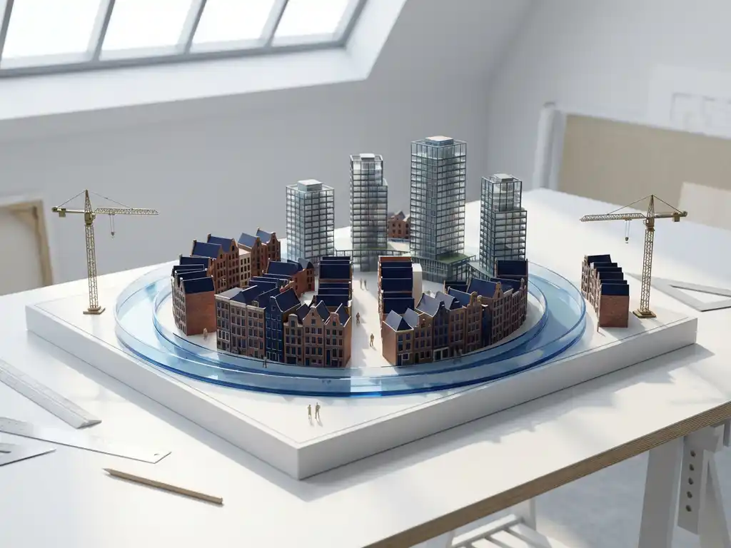 Architectuurmodel van Amsterdam centrum met miniatuur grachtenpanden en moderne gebouwen op witte tekentafel