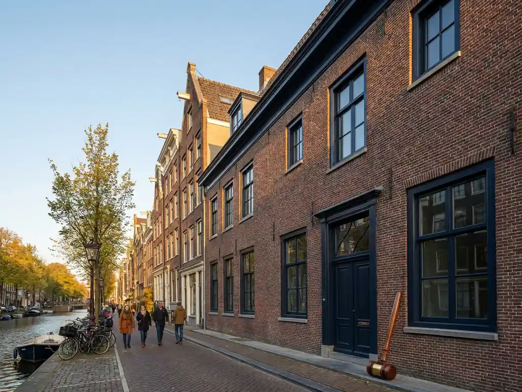 Moderne Amsterdam grachtenpand met veilinghamer tegen bakstenen gevel, voetgangers op kinderkopjes, groene bomen