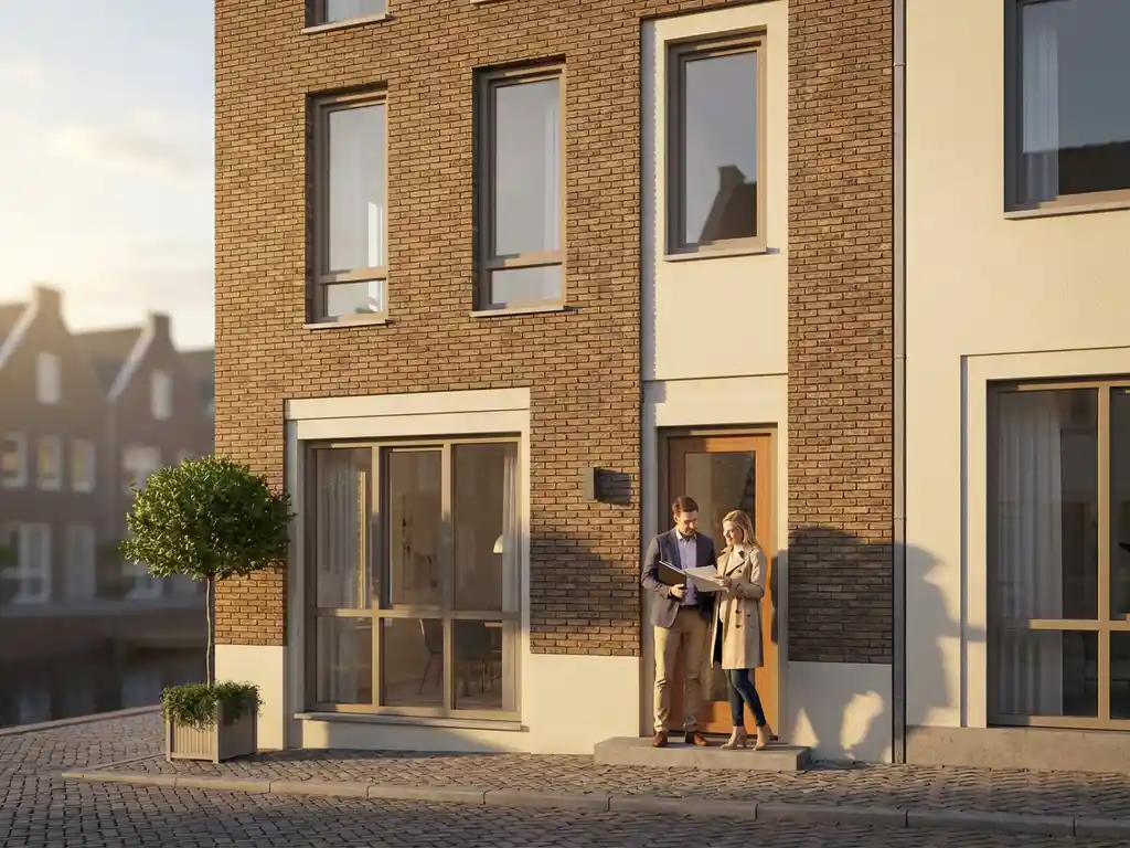 Stel bekijkt hypotheekdocumenten voor moderne Amsterdamse grachtenpand met bakstenen gevel in warm daglicht