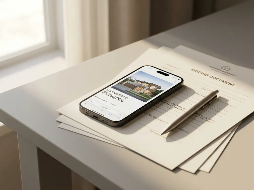 Smartphone met huizenaanbieding op stapel biedingsdocumenten en eigendomspapieren op bureau met pen