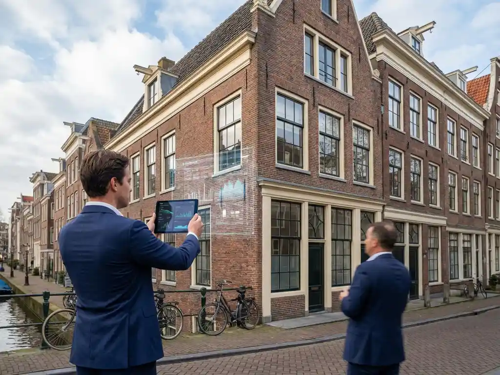 Professionele vastgoedtaxateur met tablet voor historisch Amsterdams grachtenpand met bakstenen gevel